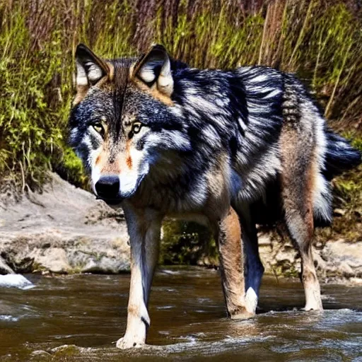 Image similar to A majestic and beautiful wild wolf out by a river with its head down taking a drink from the stream while it's ears are up and alert listening for danger with trees behind it, set in warm spring where it is sunny and windy, award winning, hyper realistic, 8k, photo