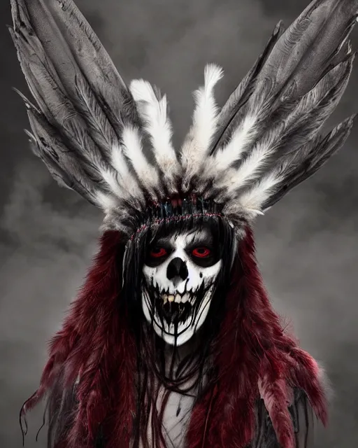 Image similar to wolf mutant ghost - spirit of the grim - warpaint wears the scarlet skull armor and native blood headdress feathers, midnight fog - mist!, dark oil painting colors, realism, cinematic lighting, various refining methods, micro macro autofocus, ultra definition, award winning photo, photograph by ghostwave - gammell - giger - shadowlord