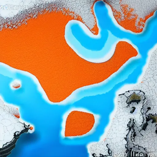 Image similar to top down view of map of iceland made out of ice, highly detailed, surrounded by ocean made out of hot orange lava, realistic