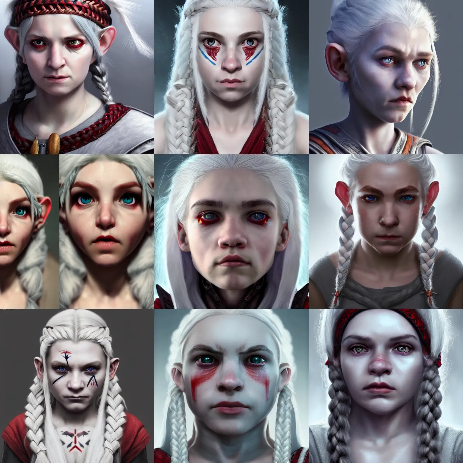 Prompt: realistic portrait of a young female halfling with white - hair!!! and a grey cloak, strange geometric facial - tattoos!!, pale - white skin, red iris, long braided hair, haunted sad expression, artstation, cinematic lighting, hyper - detailed 8 k