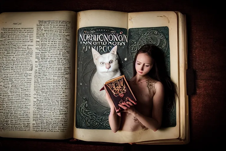 Image similar to romantic photo of bright girl, her cat and her book of necronomicon, symmetrical, cinematic, real dlsr photography, sharp focus, 4 k, ultra hd, sense of awe, sinister demonic atmosphere, dreadful, forbidden knowledge, old gods, cthulhu, yog - sothoth! yah, yah, yah! cultist journal cover