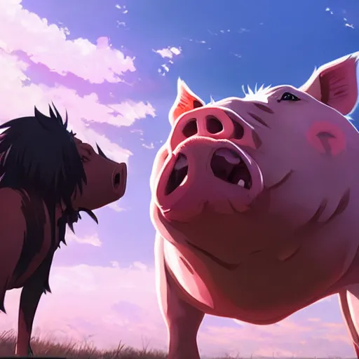 Image similar to giant pig eating everybody, highly detailed, 4k resolution, lighting, anime scenery by Makoto shinkai
