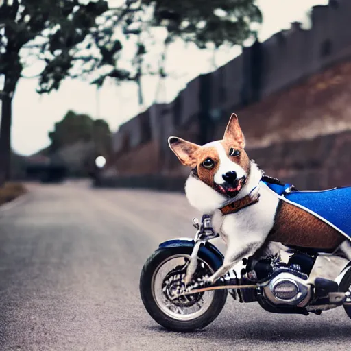 Image similar to blue heeler dog on a motorcycle, 8 k photography, blurred background of a wafflehouse