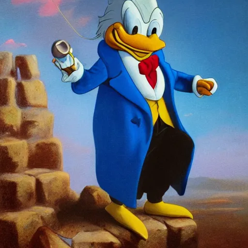 Image similar to Scrooge McDuck from the Duck Tales in blue costume standing on a mountain of gold and holding a cane, view from below, full body portrait, oil painting, highly detailed