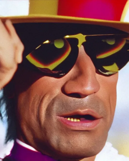 Image similar to Film still close-up shot of Dwayne Johnson as Willy Wonka from the movie Willy Wonka & The Chocolate Factory. Photographic, photography