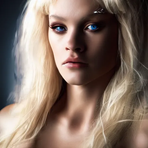 Image similar to very pretty blond borg queen, moody lighting, shallow depth of field,