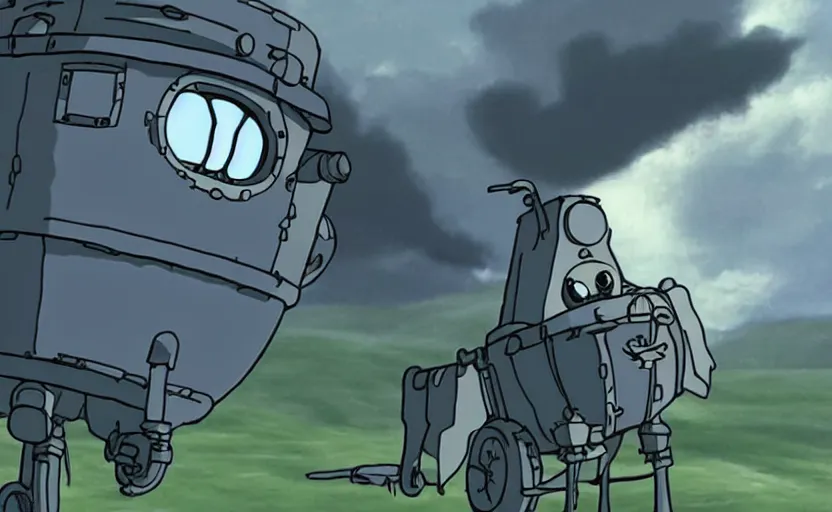 Image similar to a cell - shaded cartoon movie still from howl's moving castle ( 2 0 0 4 ) of a chrome ufo. very dull muted colors, hd, 4 k, hq