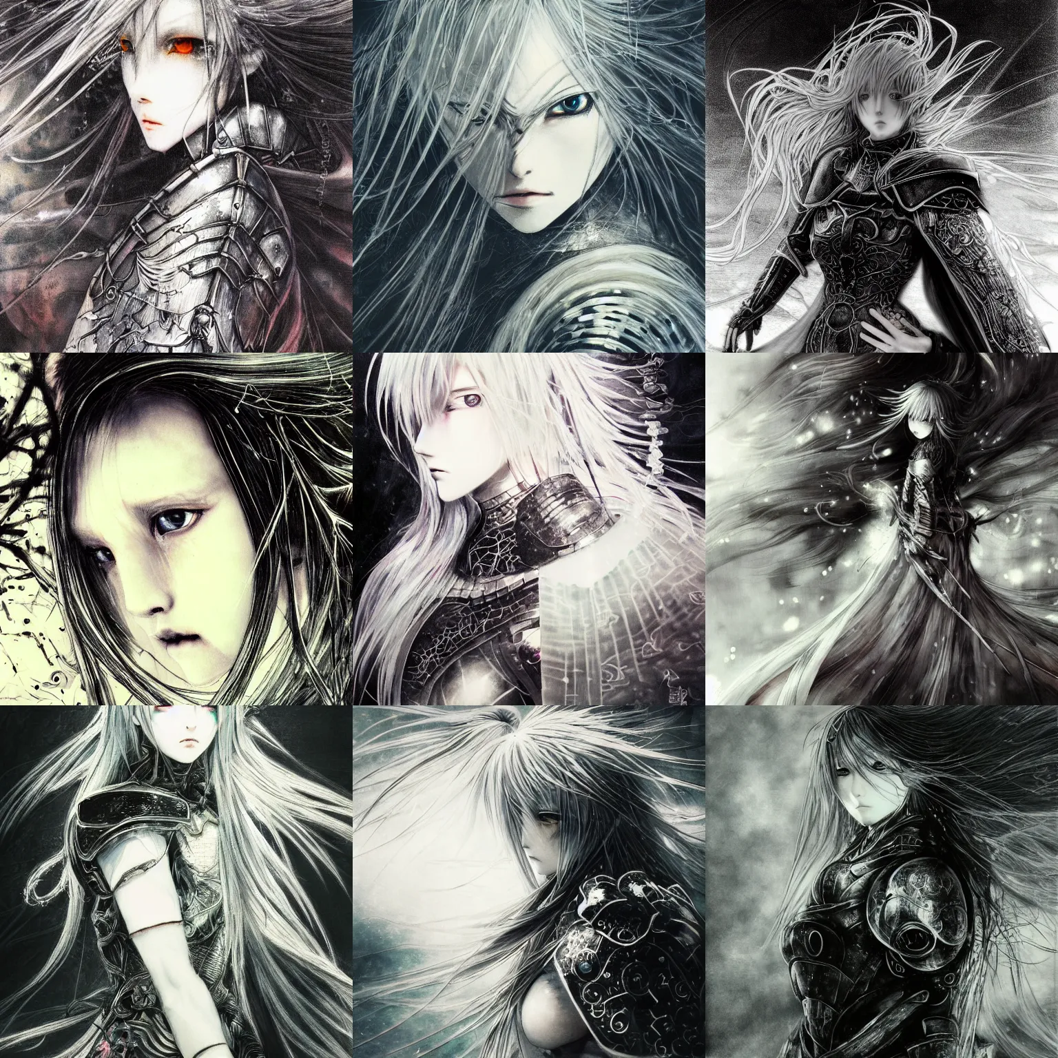 Prompt: yoshitaka amano blurred and dreamy illustration of an anime girl with wavy white hair and cracks on her face wearing elden ring armour with the cape fluttering in the wind, dark souls illustration, abstract black and white patterns in the background, noisy film grain effect, highly detailed, renaissance oil painting, weird portrait angle