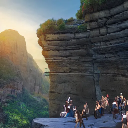 Image similar to canyon with steep rock walls on each side and a constructed stage in the center with people putting on a performance, high quality digital art, cinematic lighting, 4 k, concept art