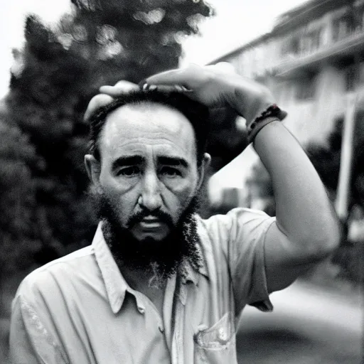 Image similar to fidel castro wearing denim shorts, full body portrait, 3 5 mm film, clear face, by nan goldin