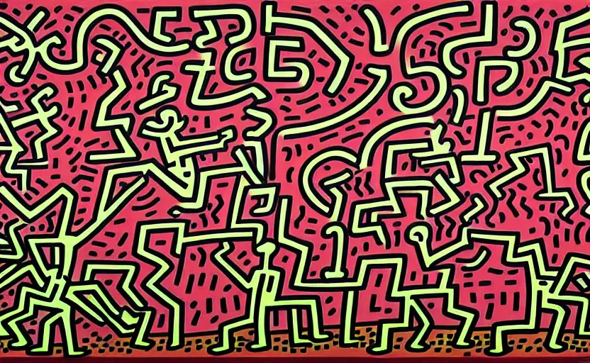 Image similar to highly detailed landscape painting by keith haring, 4k