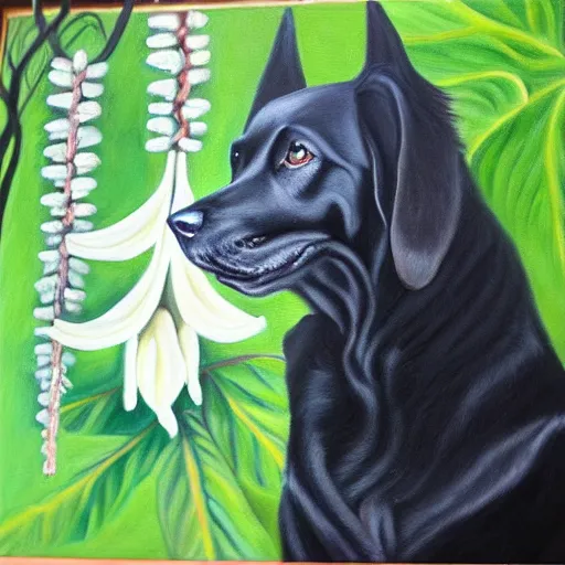 Image similar to oil painting of a black dog next to brugmansia suaveolens flowers, scary, realistic