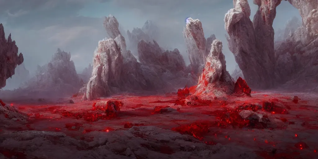 Image similar to a epic landscape full of big red crystals emerging from the ground, concept art, octane render, unreal engine 5, trending on artstation, greg rutkowski, hyperrealistic, highly detailed, high quality, 8 k, dramatic lighting, cinematic, high coherence, high contrast, digital art, high definition, path traced, night