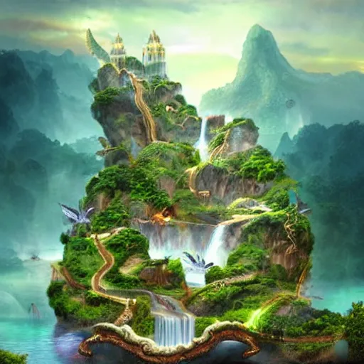 Prompt: floating islands with waterfalls and dragons, digital art, aesthetic, astonishing detail