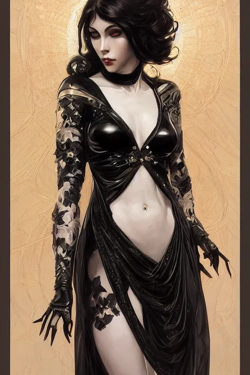 Image similar to beautiful pale gothic girl in black latex intricate, symmetrical front, elegant, highly detailed, digital painting, artstation, concept art, smooth, sharp focus, illustration, art by artgerm and greg rutkowski and alphonse mucha