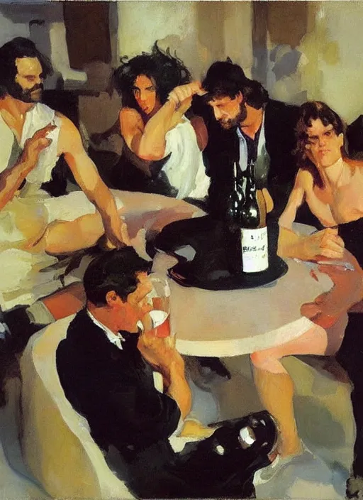 Prompt: glam rocker drinking brutal and raw wine with his friends by joaquin sorolla, phil hale, greek style, ultra detailed