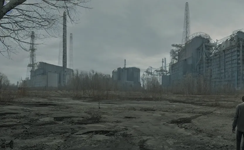 Image similar to a man looking at the chernobyl powerplant, a photorealistic painting by gregory crewdson, cgsociety, playstation 5 screenshot, matte painting, cryengine