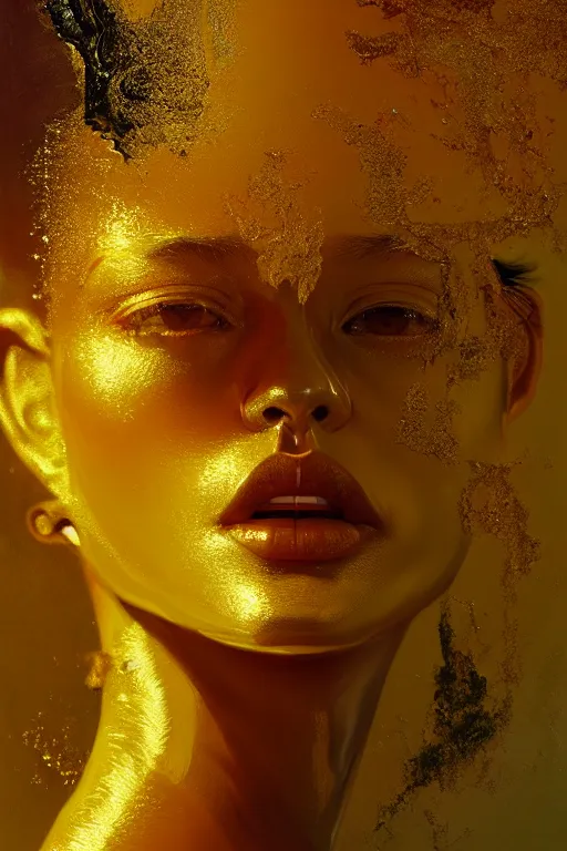 Prompt: 3 d, close - up, fashion model, liquid gold, morning, sun rays, vogue cover style, poster art, hyper detail, intricate oil painting, multiple exposure, sad mood, 3 d, by tooth wu and wlop and beeple and greg rutkowski