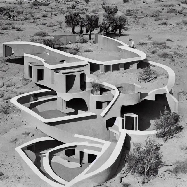 Prompt: a bizarre house in the desert designed by m. c. escher