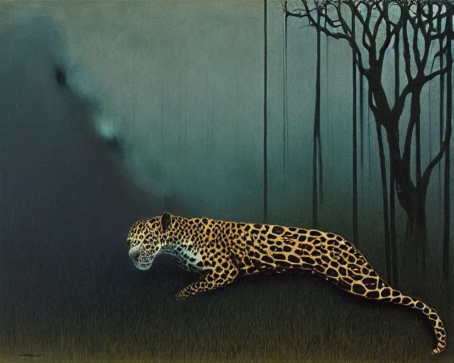 Image similar to Beksinski painting. Jaguar in a dark misty jungle, painted by Beksinski