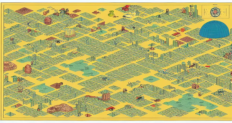 Prompt: isometric miniature map dashboard with time series charts, pie plots and other modern graphics, with small creatures on it. monografia by diego rivera and geof darrow