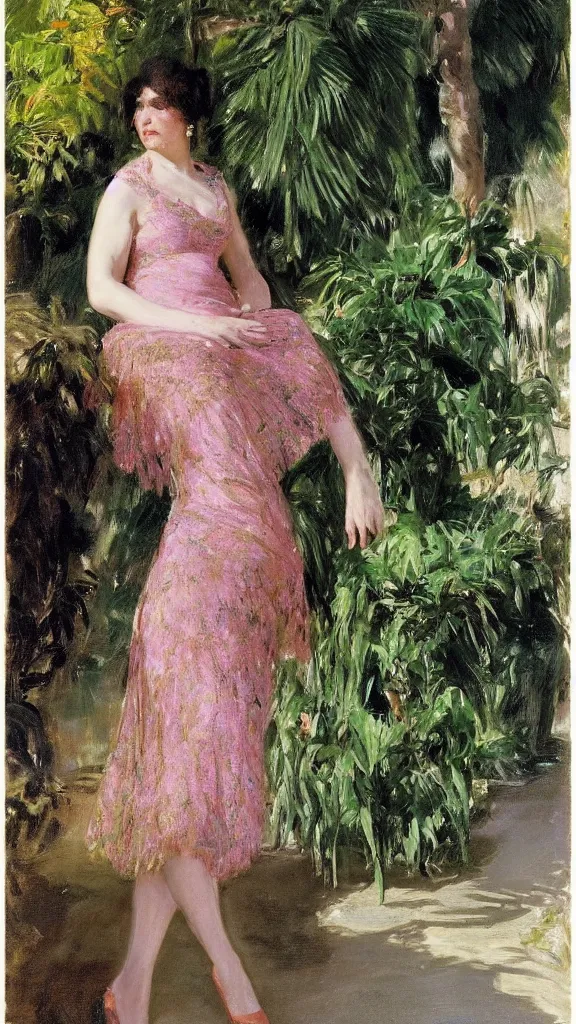 Image similar to rebekah delrio wear a lace dress in a botanical room set near a persian pot and palm treeby john singer sargent