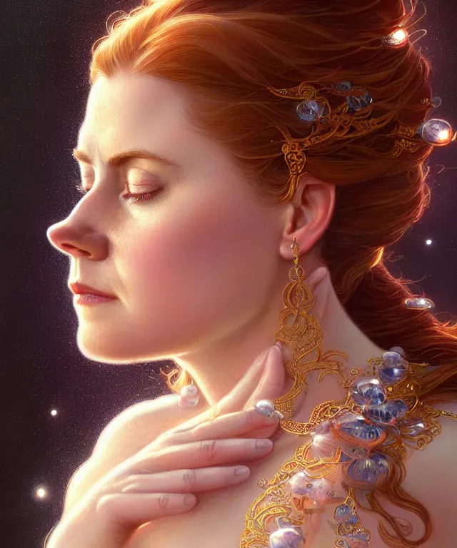 Image similar to a meditating Amy Adams with beads and crystals, portrait, intricate, elegant, highly detailed, digital painting, artstation, concept art, smooth, sharp focus, illustration, art by artgerm and greg rutkowski and alphonse mucha