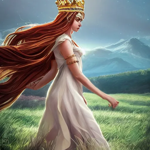 Prompt: a radiant greek mythology goddess walking in a beautiful field, mountains in the distance, medium shot, jewelry, crown, confident, gorgeous, stunning, dramatic lighting, detailed, very realistic, trending on Artstation, Cgsociety