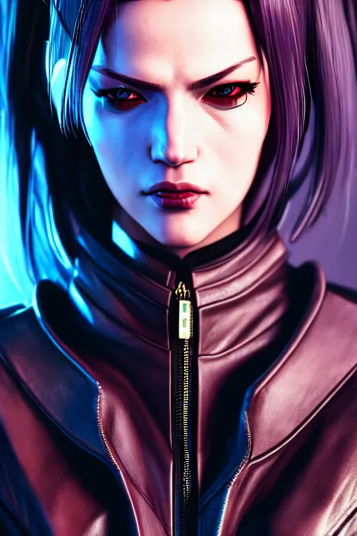 Prompt: hyperdetailed close portrait of a european woman in a leather suit with a pin in a cyberpunk city inspired by ross tran and wlop and masamune shirow and kuvshinov, concept art, intricate, photorealistic, octane render, rtx, hdr, unreal engine, dnd digital art by artgerm