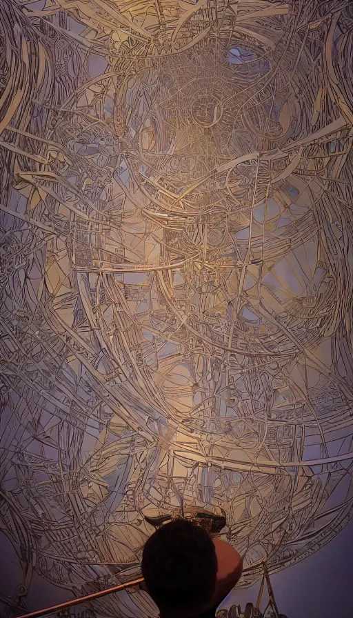 Prompt: assembling an intricate floating sculpture, a detailed 8K still of a first-person view within a floating 3D VR hand interface (floating hologram levers and controls coating my fingers and extending my reach) (iOS hologram UI controls) by Jony Ive, Moebius, intricate artwork by Lawrence Alma-Tadema and James Turrell, 8K, sunrise atmospheric phenomena