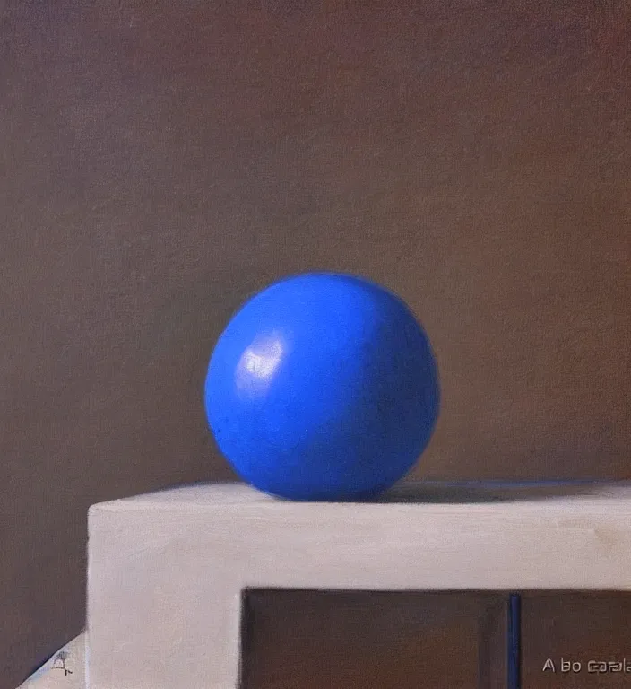 Prompt: a blue ball on a table by Alvaro Castagnet