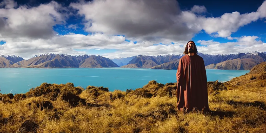 Image similar to jesus in beautiful new zealand landscape