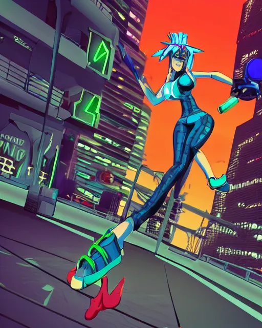 Image similar to cel shaded art of a pretty blue haired girl, jet grind radio graphics, cyberpunk city street background