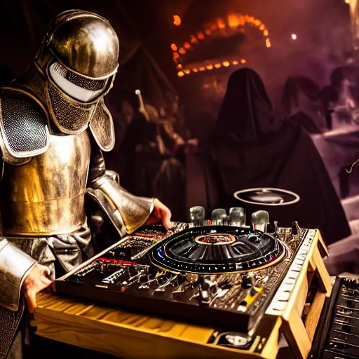 Image similar to photograph of a dubstep dj in holy knight armor djing during a medieval party, 8 k resolution, high detail