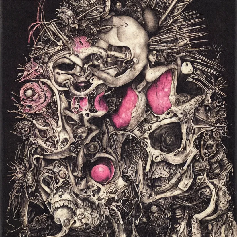 Image similar to post - punk new age album cover, asymmetrical design, alien, magic, apocalypse, psychedelic, highly detailed, black white pink, magic, giger h. r., giuseppe arcimboldo