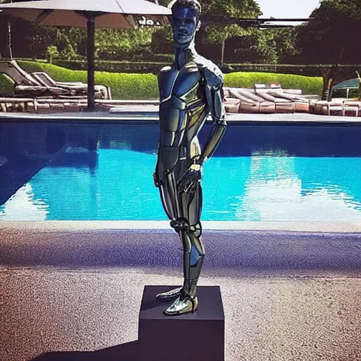 Image similar to “a realistic detailed photo of a guy who is an attractive humanoid who is half robot and half humanoid, who is a male android, actor Grant Gustin, shiny skin, posing like a statue, blank stare, by the pool, on display”