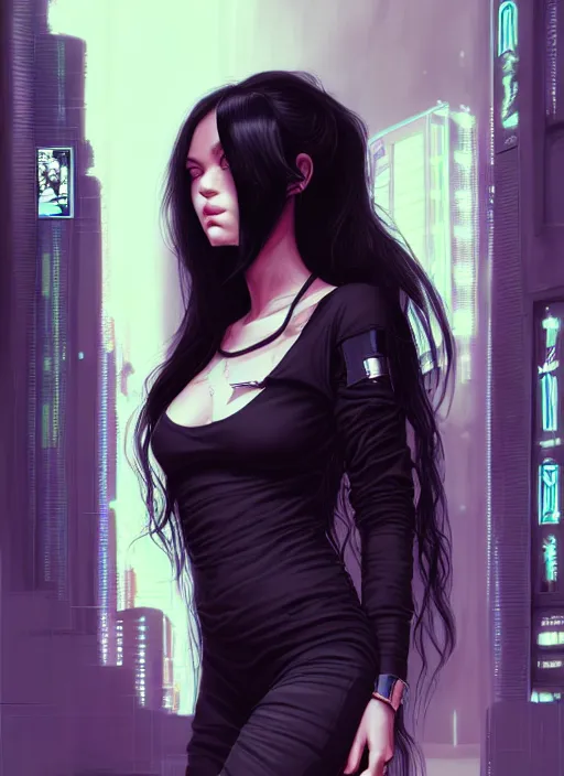 Image similar to portrait of long black hair girl within a streetwear. cynical face, concept art, cyberpunk illustration, intricate, highly detailed 8 k, smooth, matte, sharp focus, rim light, beautiful and aesthetic shape of face and body, artgerm, artstation, art by rinotuna