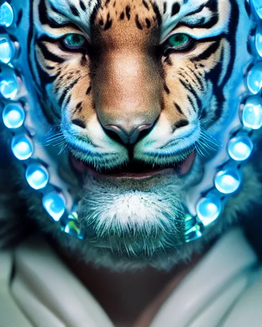 Image similar to natural light, soft focus extreme close up portrait of a cyberpunk anthropomorphic tiger with soft synthetic pink skin, blue bioluminescent plastics, smooth shiny metal, elaborate ornate head piece, piercings, skin textures, by annie leibovitz, paul lehr