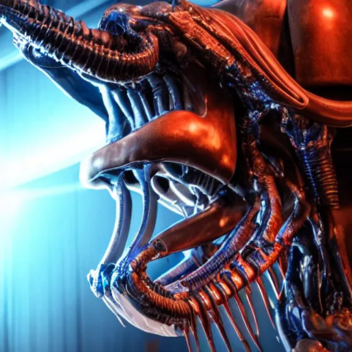 Image similar to a xenomorph looking menacingly at the camera, dramatic blue lighting