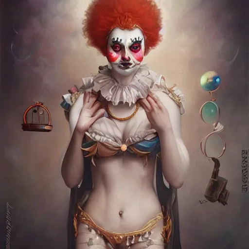 Prompt: artstyle by Tom Bagshaw, ultra realist soft painting of a carnival of curiosities, single beautiful female clown with a top cloth and hotpants, symmetry accurate features, very intricate details, focus, curvy, award winning