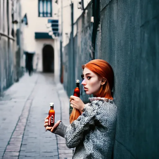 Image similar to photograph of woman holding a bottle in street, fashion shoot, award winning, kodak, 4 k, realistic intricate detail, hyper detail, woman very tired, full body potrait holding bottle, hazel green eyes, realistic, highlydetailed, natural, masterpiece, sharp focus,