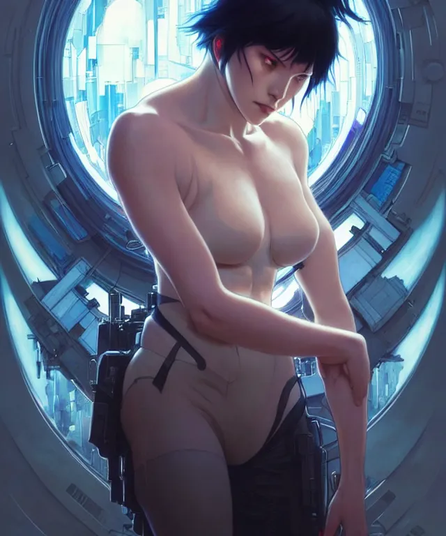 Prompt: Ghost in the shell, highly detailed, digital painting, artstation, concept art, smooth, sharp focus, illustration, RayTracing, art by artgerm and greg rutkowski and alphonse mucha