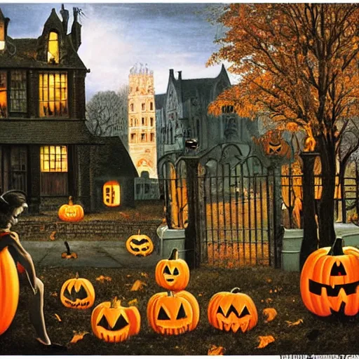 Prompt: vintage autumn halloween fantasy art by paul delvaux, james christensen, rob gonsalves and tim white