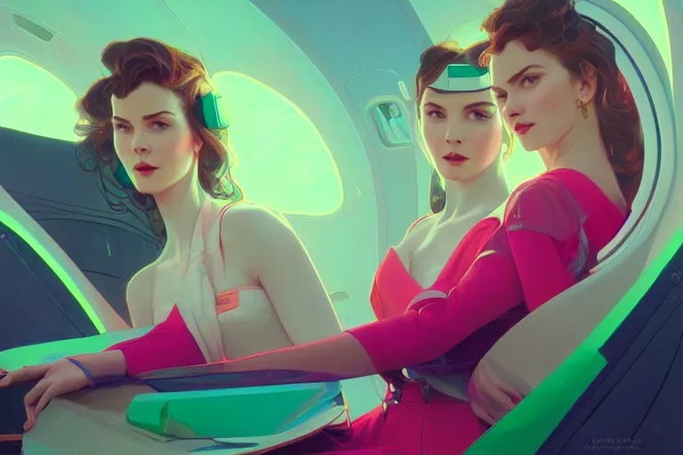 Image similar to Exhausted good looking young women wearing neon colored suits in a airplane, elegant, intricate, retrofuturistic digital painting, artstation, concept art, smooth, sharp focus, illustration, art by artgerm and greg rutkowski and alphonse mucha