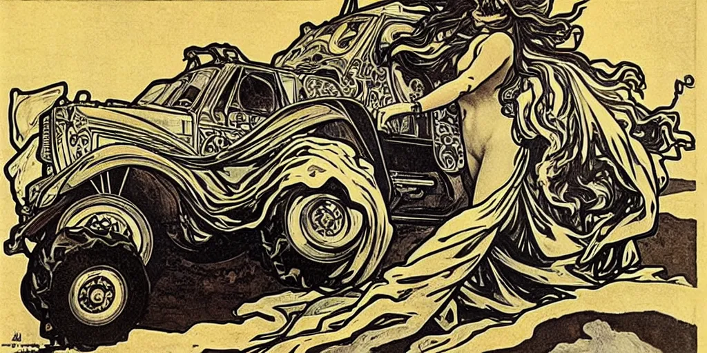 Image similar to monster truck rally, Alphonse Mucha