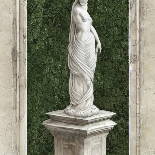 Prompt: delicate marble statue in a garden, stony, puffy, botanical herbarium paper, botanic, watercolors, pencil, iridescent colors, 8 k, realistic shaded, fine details, artstation, italian, colonnade, hydrangea, vines, gardena architecture, pompeii