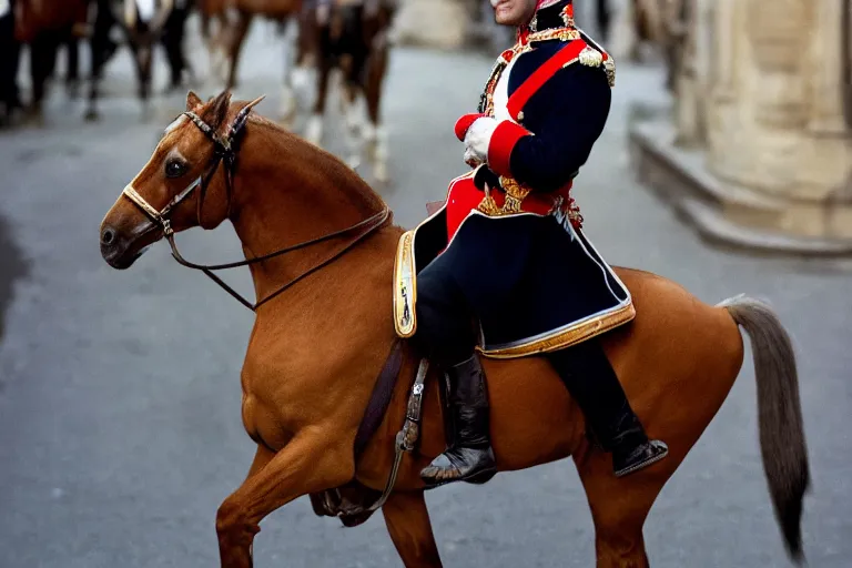 Image similar to closeup portrait of emmanuel macron dressed as napoleon riding a tiny horse in a paris street, natural light, sharp, detailed face, magazine, press, photo, steve mccurry, david lazar, canon, nikon, focus