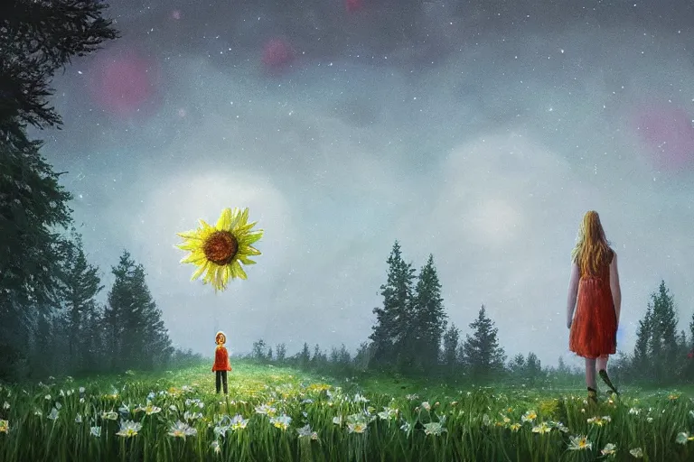 Image similar to giant daisy flowers head, girl walking in forest, surreal photography, dark night, stars, moon light, impressionist painting, clouds, digital painting, artstation, simon stalenhag