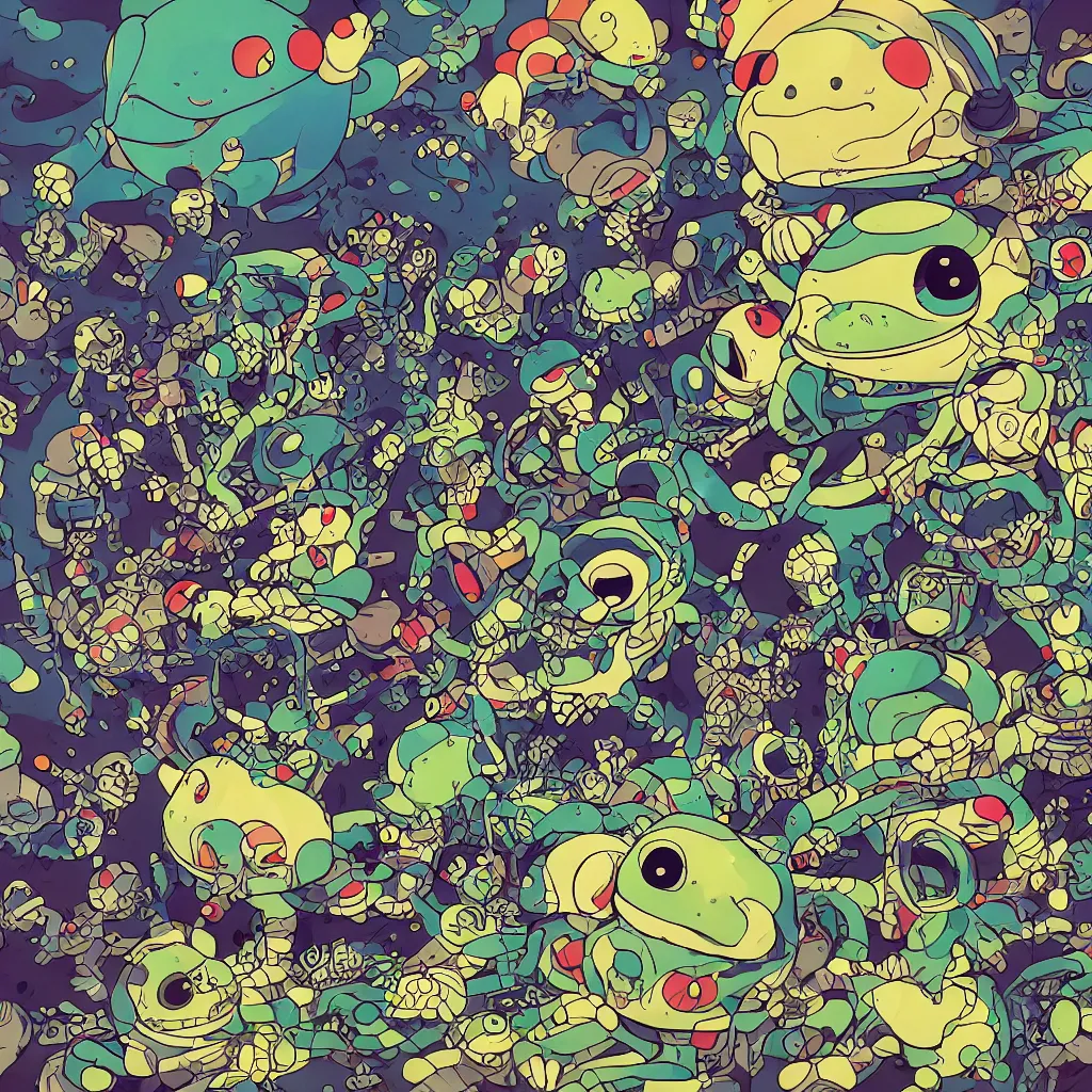 Image similar to toads, deconstructed amphibian, ryuta ueda artwork, breakcore, style of jet set radio, y 2 k, gloom, space, cel - shaded art style, indigo rainbow, data, minimal, takashi murakami artwork, code, cybernetic, dark, eerie, cyber