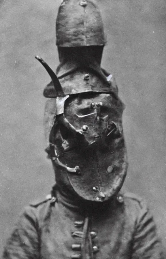 Image similar to person wearing executioner mask, ww1 photo, grainy, high detail, high resolution